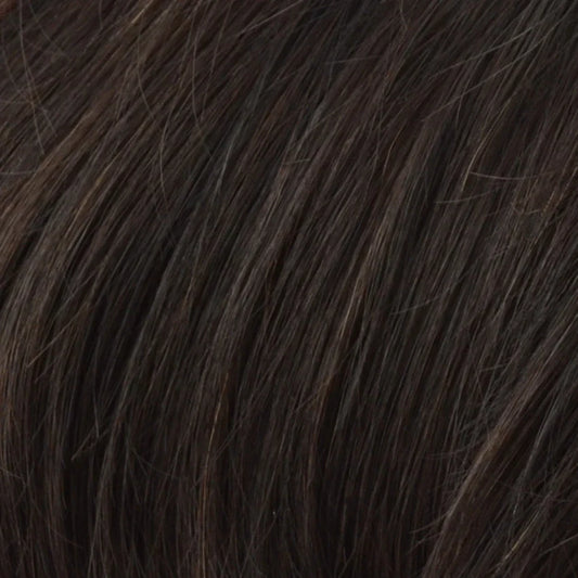 Gisela Mayer - Jule wig detail showing long, dark synthetic fibers with gentle waves.